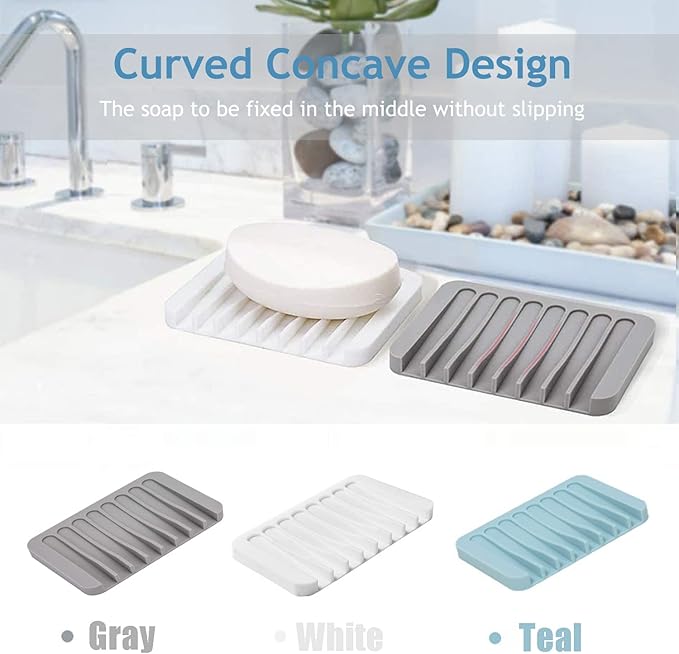 Self Draining Soap Dishes, 3 Pcs Silicone Waterfall Drainer Soap Holder for Bathroom, Extend Soap Life Keep Dry Clean & Easy Cleaning (Black, White, Gray)