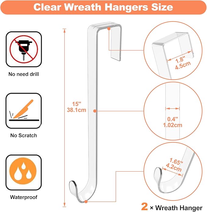 15" Clear Over The Door Wreath Hanger 2 Pack - Non-Scratch, Heavy Duty 10lb Door Hook for Front Decor, Christmas, Halloween & Year-Round Home Display - Invisible Acrylic Organizer