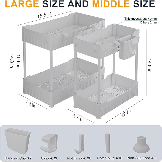 2 Pack Under Sink Organizer, Under Bathroom Cabinet Organizer with Hooks Hanging Cup, Multi-Purpose Storage Shelf for Kitchen Bathroom (Gray, XL)