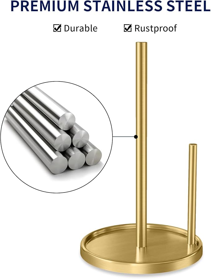 Jesginboo Paper Towel Holder Countertop, Gold Kitchen Paper Towels Holder, Paper Roll Holder with Weighted Base