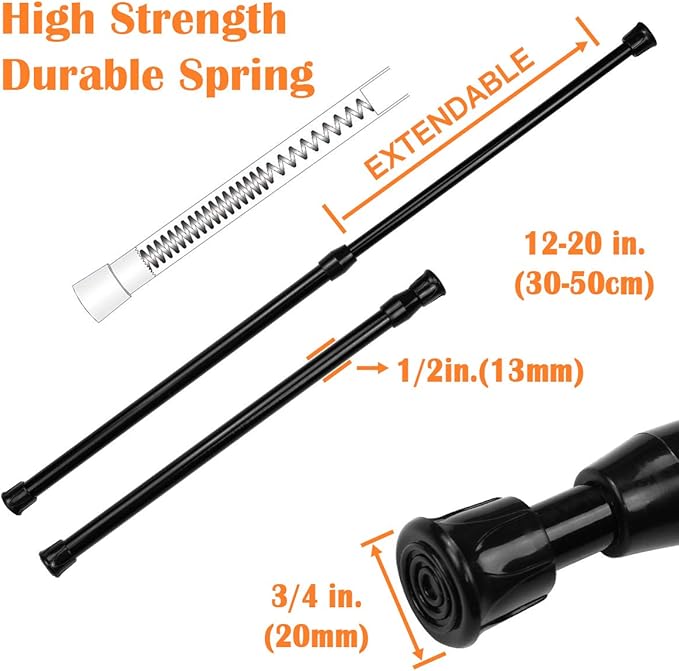 KXLIFE 2 Pack Small Spring Tension Curtain Rod 12 to 20 Inch, Thin Tension Rod No Drill for Window Cupboard Closet, Black