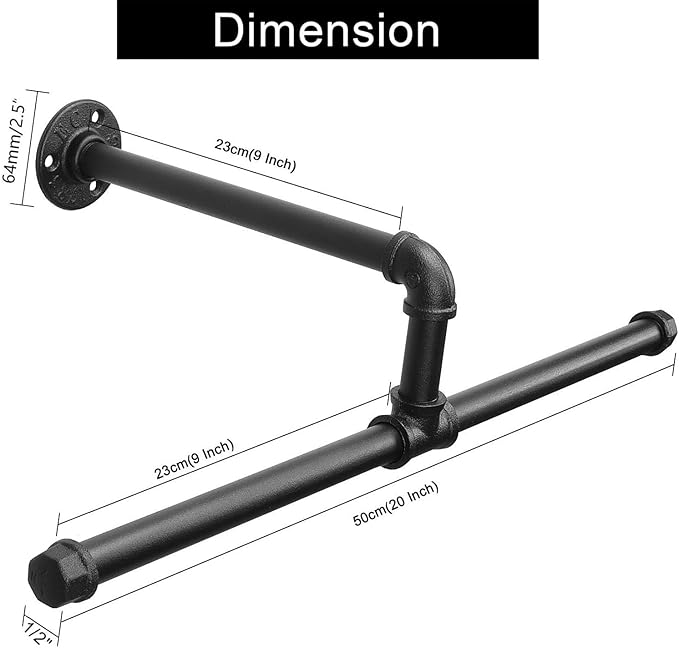 Industrial Pipe Clothes Rack Floating DIY Wall Mounted, Heavy Duty Rustic Vintage Clothing Rod, Metal Garment Bar Space-Saving Hanging for Bedroom, Bathroom and Laundry Room (Black 20 Inch)