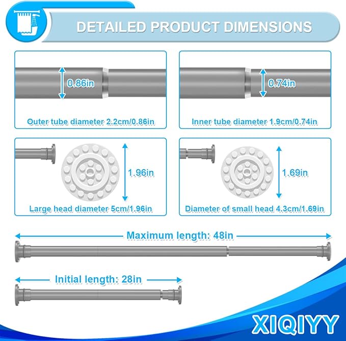 XQIYY Adjustable Shower Curtain Rod 28–48 Inches – Rustproof Spring Tension Rod for Windows & Bathrooms, No Drilling, Heavy Duty with Dual Brackets, Fits Smooth & Rough Surfaces, Grey