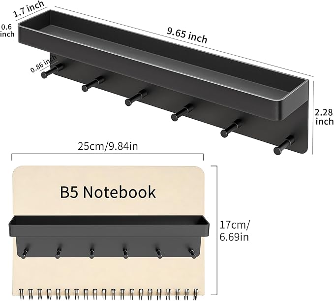 MKO Key Holder Wall Mount, Key Holder Wall Mount Adhesive with Mail Organizer Tray with 6 Key Hooks for Wall, Black