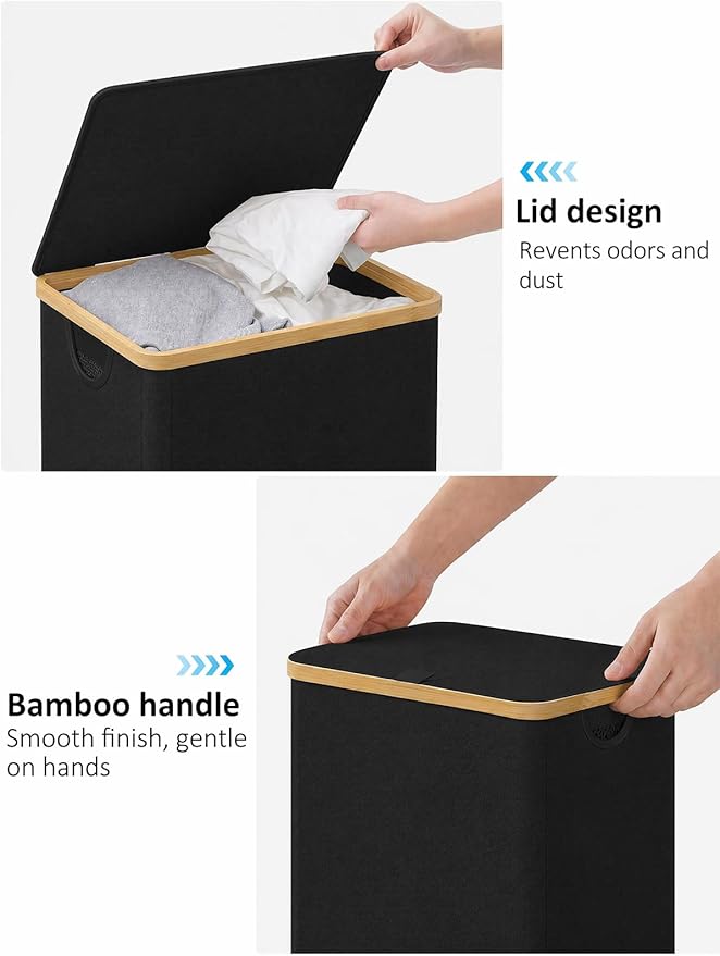 iEGrow Laundry Hamper with Lid, 110L Large Laundry Basket with Handle, Collapsible Clothes Basket Organizer with Removable 2 Inner Bag for Clothes Towels - Black