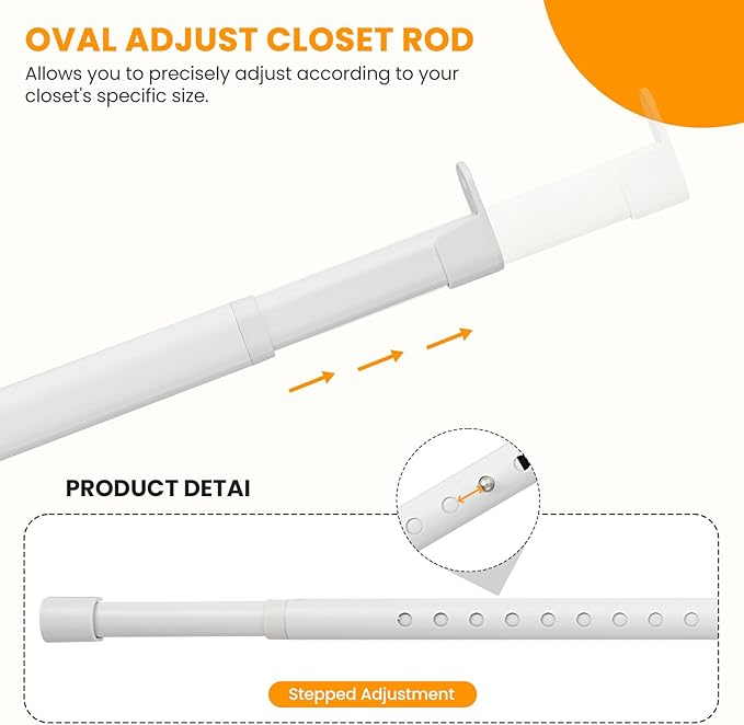 Oval Closet Rod for Hanging Clothes 18 to 40 Inch Adjustable Closet Rods 1 inch Diameter With End Supports White Poles Bar Closet Rod Expandable for Wardrobes