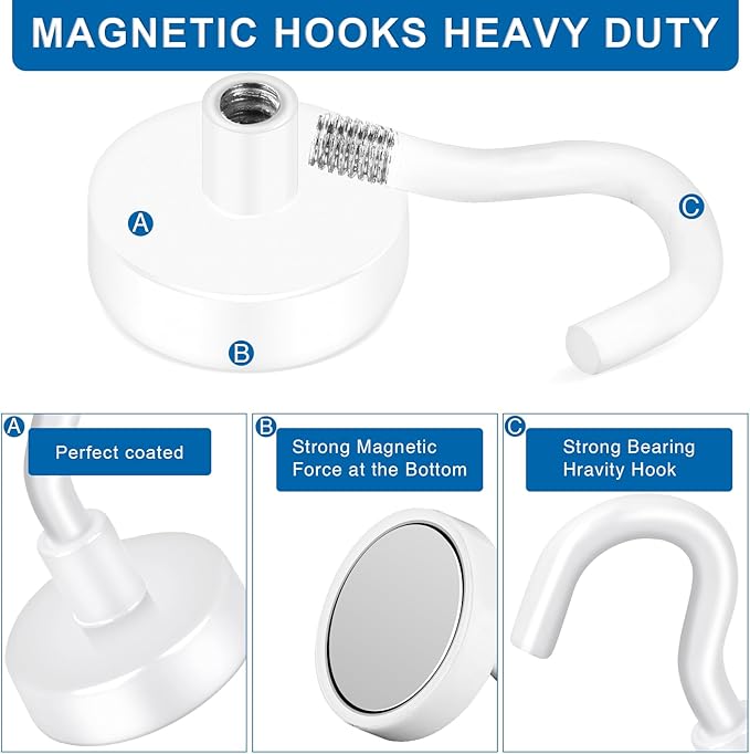 LOVIMAG Cruise Ship Essentials, 170Lbs Magnetic Hooks Heavy Duty, White Magnet Hooks for Cruise Cabins, Strong Magnetic Hook for Hanging-12 Pack