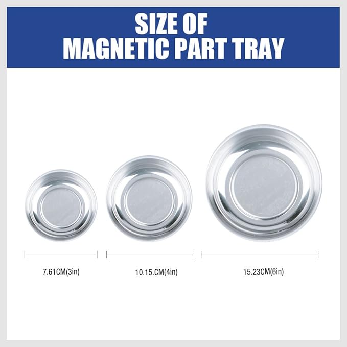 HORUSDY Magnetic Tray | 3-Piece | Round Magnetic Parts Tray | 3 Inch 4 Inch 6 Inch Magnetic Tray for Mechanic's | Stainless Steel