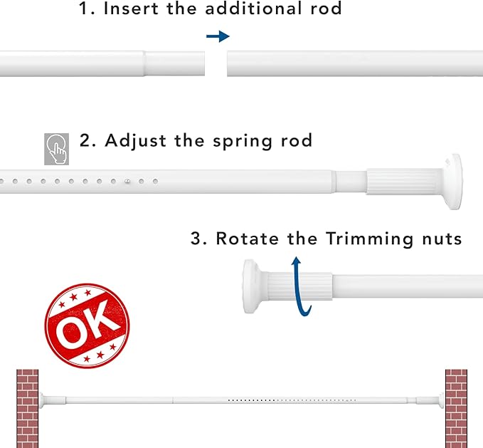 Umimile Tension Curtain Rod, 51-86 inches Adjustable Spring Shower Tension Curtain Rod, Stainless Steel Closet Rod for Windows or Shower, No Drilling, No Rust, Easy to Install, White