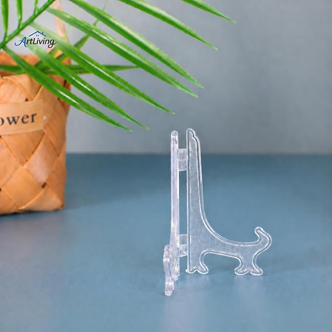 Artliving 4 Inch Clear Plastic Easels or Stand/Plate Holders to Display Pictures or Other Items at Weddings, Home Decoration, Birthdays, Tables (12 Pack)