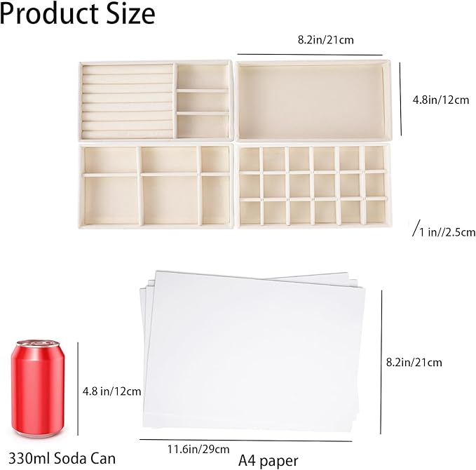 Velvet Jewelry Organizer for Drawer, Stackable Jewelry Drawer Inserts in Dresser, 8in Beige Storage Display Case for Rings Stud Necklaces Accessories, Set of 4