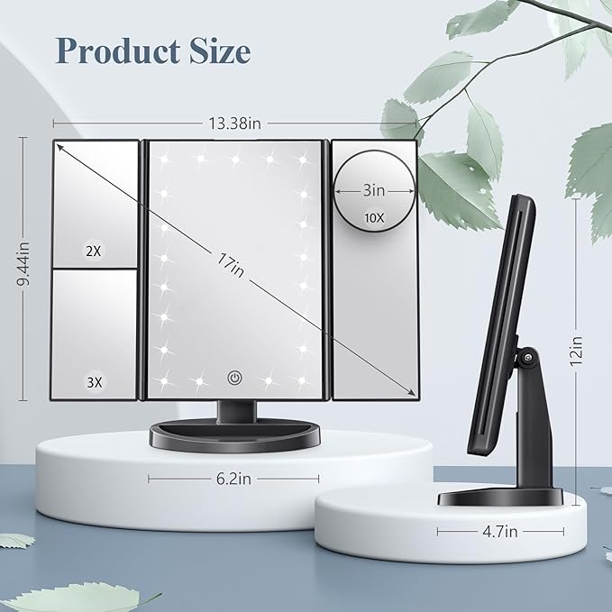 HUONUL Makeup Mirror, Vanity Mirror with Lights, 2X/3X/10X Magnification, Touch Control, Trifold, Dual Power Supply, Birthday Gifts for Women, Wife, Mom, Girls,Dorm Room Essentials