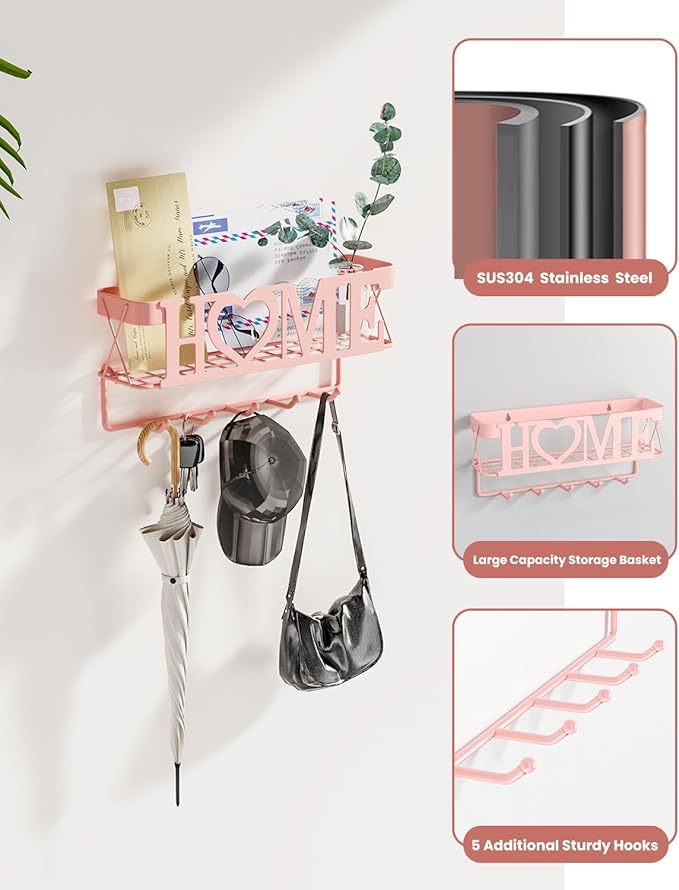 Key Holder for Wall - Adhesive Key Rack with 5 Key Hooks, 11.02" L×2.75" W×4.92" H, Key and Mail Organizer Wall Mount, Key Hanger for Wall, Entryway, House, Living Room Decor(Pink)