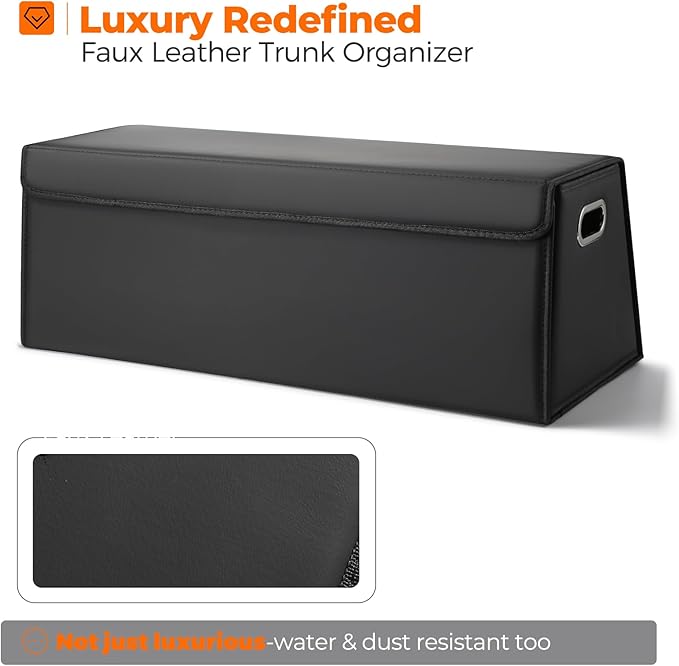 Fyzeoty Car Organizers and Storage - Trunk Organizer for Suv Car,Car Trunk Leather Storage Box,Extra Large,Magnetic Lid,Collapsible and Adjustable Trapezoidal-Black