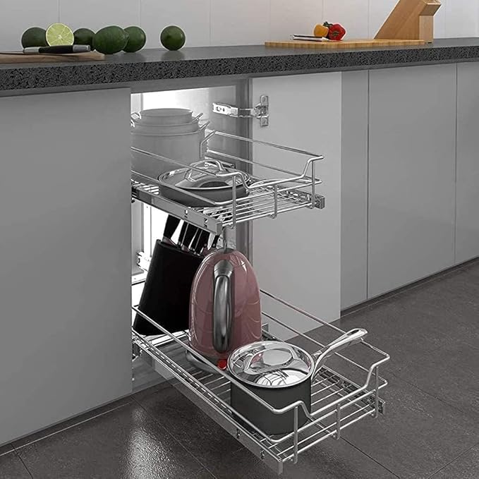 2 Tier Pull Out Cabinet Organizer 14" W X 22" D, Slide Out Drawers For Kitchen Cabinets, Pull Out Drawers For Cabinets Capacity Heavy Duty Caddy, Cabinet Pullout Shelves Chrome-Plated,Bathroom Pantry | Slide Out Drawers, For Kitchen Cabinets, Heavy Dut...