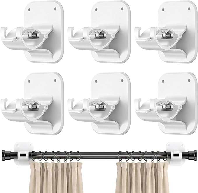 No Drill Curtain Rod Brackets - 20LB, 6 Pack Self Adhesive Curtain Rod Holder, Peel and Stick Wall Hooks, Renter Friendly Upgrades for Apartment, Kitchen, Bathroom, Dorm, Living Room and RV