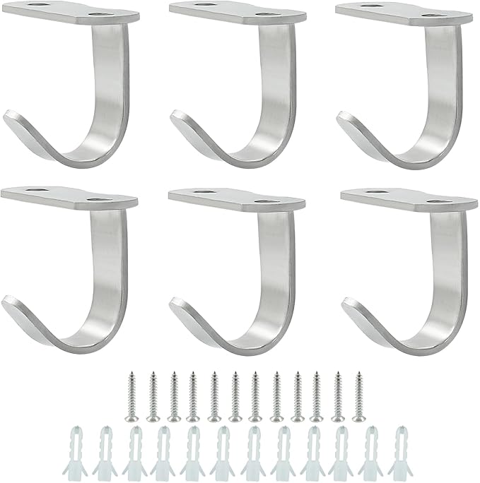 Piutouyar 6 Pack Silver Screw Mounted Ceiling Hooks, Heavy Duty Under-Shelf Coat Hook, Stainless Steel Towel/Robe Clothes Hook Hanger for Cabinet, Kitchen, Cupboard, Bathroom