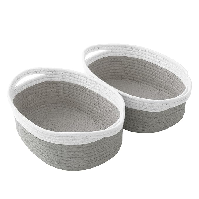 2 Pack Small Woven Rope Basket-Empty Gifts Basket with Bag and Ribbons,Cute Handle Organizer Box for Birthday/Baby Shower, Toy Storage, Nursery Organizing & Shelf Decor(White&Grey)