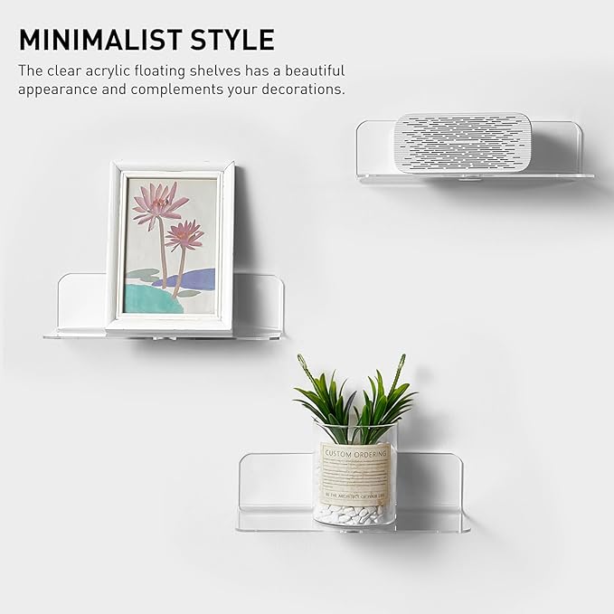OAPRIRE Clear Acrylic Floating Shelves Set of 2 - Easily Expand Wall Space - Small Wall Shelf with Strong Adhesive for Bathroom, Bedroom, etc