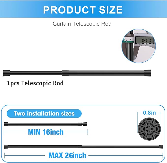 2 Pack Spring Loaded Tension Rod 16-26" Adjustable Curtain Rods No Drill Extendable Spring Rod Tension Curtain Rods For Window Kitchen Shelves Rv Refrigerator And Small Spaces,Black