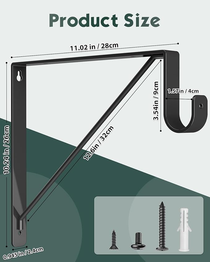Supforce 2 Pack Closet Rod Bracket, Heavy Duty Closet Rod Support with Rod Holder, Wall Mounted Closet Shelf Brackets with Triangle Stabilizing Design for Closet, Bathroom and Kitchen, Black