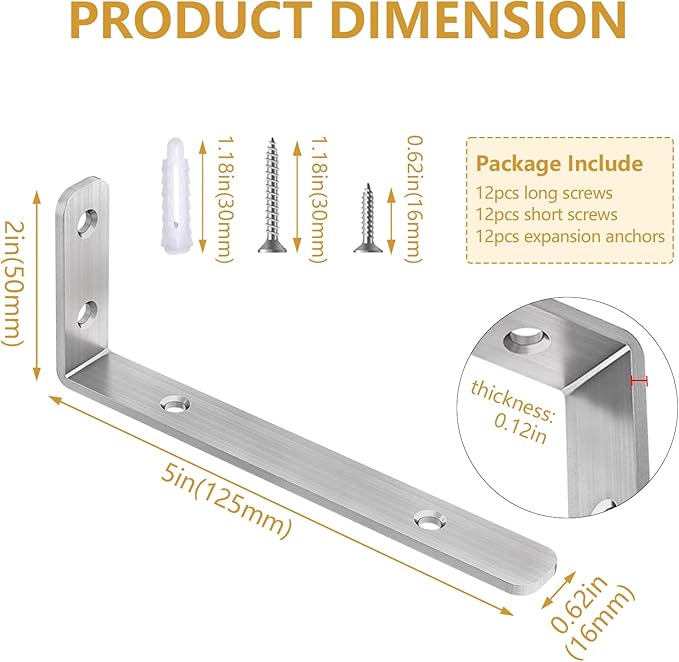 LSK L Bracket, 5"×2"(125×50mm) Heavy Duty Stainless Steel Corner Bracket for Wooden Board Max Load : 42lb, Pack of 6