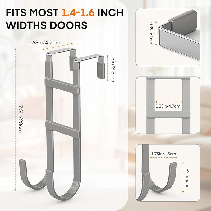FYY Over The Door Hooks - 4 Pack Heavy Duty Double-Hanger Organizer for Bathroom Bedroom Dorm, Hanging Clothes Towels Hats Bags Ironing Board Wreath Robe - Fits Interior Doors Up to 1.6” Grey