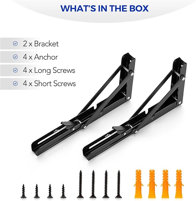 Ravinte 6 Pack 10 Inch Folding Shelf Brackets – Matte Black, Heavy Duty Collapsible Brackets for Tables and Benches – Space-Saving Design