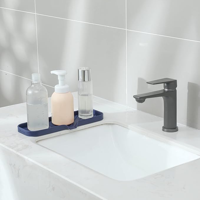 MicoYang Silicone Soap Dish with Drain Spout — Self-Draining Double Sink Organizer Tray for Kitchen & Bathroom, Dispensers, Sponges & Soap Holder, Non-Slip & Dishwasher Safe, Navy Blue (Large, 12"×4")