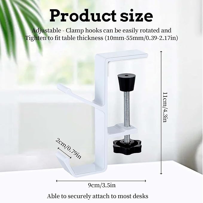 YUANQIAN Clamp-On Under Desk Headphone Holder Backpack Hook Students' Desk Hook with Adjustable Arm Clamp Women's Bag Handbag and Purse Holder -Suitable for Plate Between 1-5cm (4Pack White, 4)