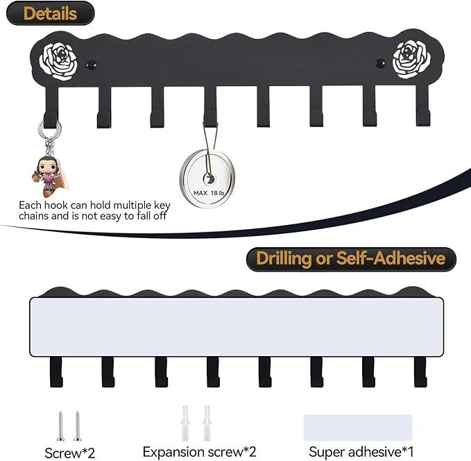 Key Holder Hooks Organizer Hanger Rack Wall Mounted with 8 Hooks, Adhesive Key Holder for Wall, No Drill Modern Key Holder Wall Mount, for Entryway, Kitchen, Hallway, RV Decor （Medium）