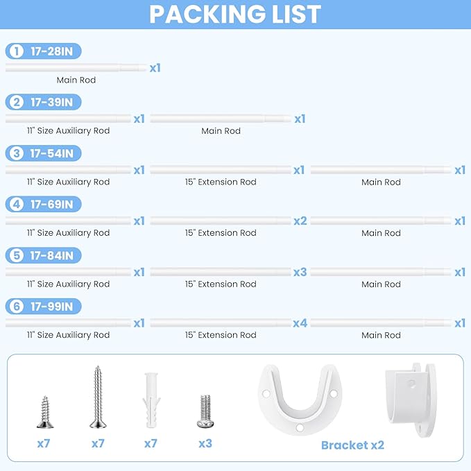 Closet Rods for Hanging Clothes, 17 to 69 Inch Heavy Duty Stepless Adjustable Closet Hanging Rod, 1.3 Inch Diameter Metal Closet Rod for Wardrobes Laundry Bedroom RV, White