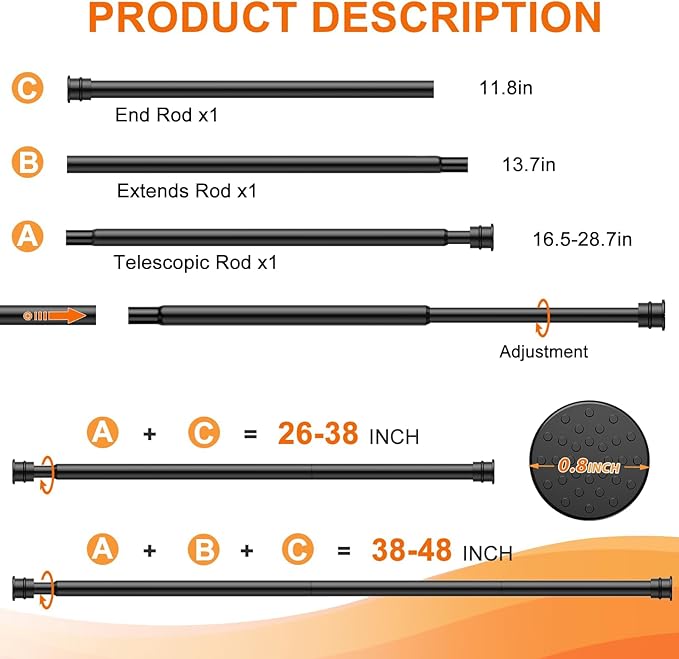 Tension Curtain Rod 26 to 48 Inch Adjustable Tension Rods 4 Pack Expandable Spring Tension Rod Black No Drilling for Closet Kitchen Cupboard Wardrobe Door Bookshelf DIY Projects