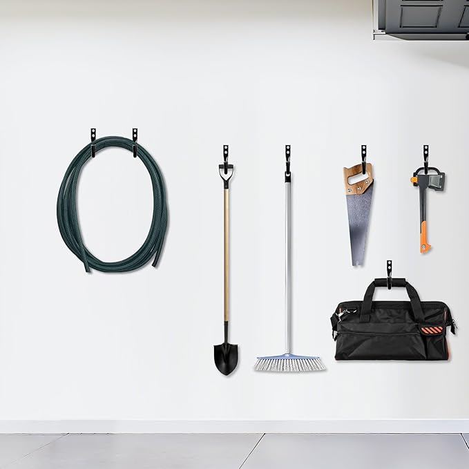 KURUI Large Metal Wall Hooks for Hanging Living Room/Bedroom/Garage, 14Pcs Garage Organization and Storage Hook for Tool Coat Backpack Bag, Black Wall Mount Hanges for Outdoor Indoor