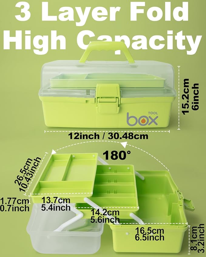 12in 3-Layer Plastic Craft Organizers and Storage, Portable Folding Tackle Box with Handle & Adjustable Dividers, Multipurpose Case for Sewing, Art Supplies, Medicine, Tools (Green)