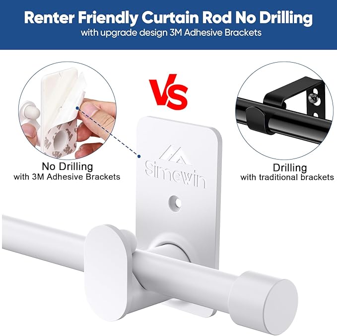SIMEWIN Curtain Rods No Drilling for Windows 30 to 45 Inches, 5/8 Inch Diameter No Drill Small Curtain Rod Set with 3M Adhesive Brackets, White