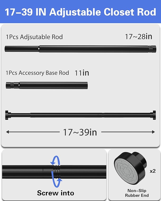 Supforce No Drilling Closet Rods for Hanging Clothes, Non Slip Tension Rod with Heavy Duty Clothes Hanging Rod, 17-39 Inches Adjustable Spring Closet Rod for Closet Wardrobe Bathroom Laundry RV, Black