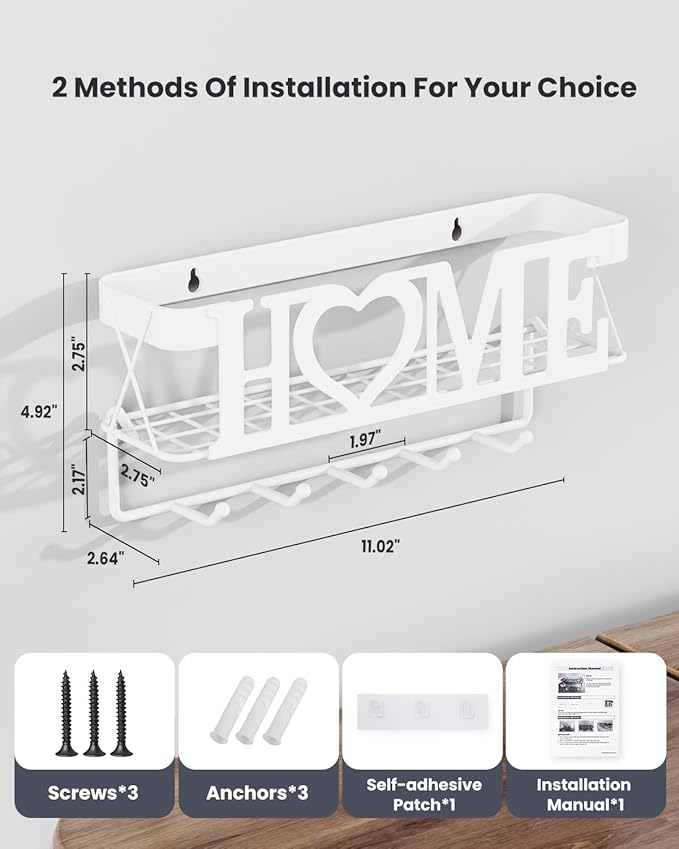 Key Holder Wall Mount - Adhesive Key Holder with 5 Hooks, Key Rack and Mail Organizer, Metal Basket Key Hanger for Entryway, Home, Living Room Decor, 11" L×2.8" W×4.9''H(White)