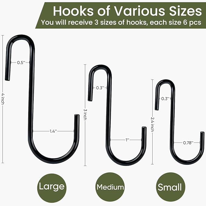 ESFUN 18 Pack S Hooks for Hanging, Variety Sizes 6 PCS Large 4"/ 6 PCS Medium 3"/ 6 PCS Small 2.4" Pot Hooks for Rack Hanging Pans Pots, Heavy Duty Metal S Hooks for Hanging Clothes Bags Towels Plant