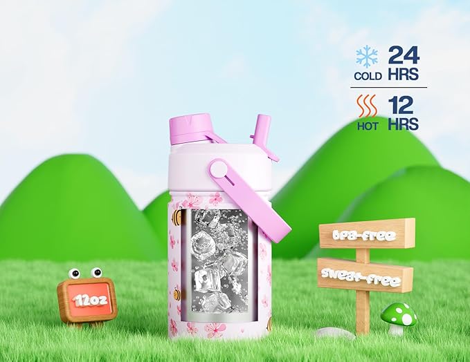12 oz Kids Stainless Steel Water Bottle: 2-in-1 Straw Spout Lid, Leakproof, BPA-Free, Easy Clean, Keep Cold 24H, Cute Patterns, Stainless Steel Cup for School, Travel, Playtime, Gift (Bee in Bloom)