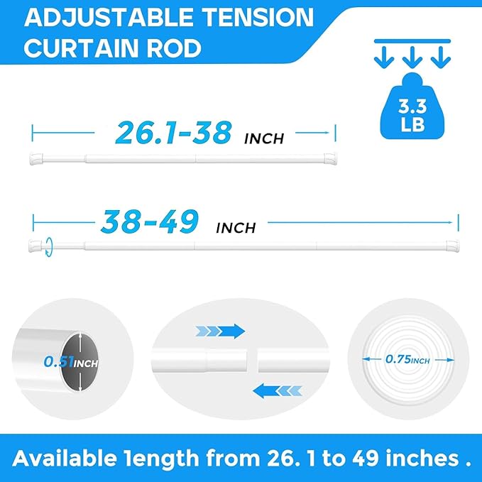 6 Pack White Spring Tension Curtain Rods 28-48 Inches, Spring Loaded Curtain Rods No Drilling, Adjustable Small Tension Rod for Windows Bedroom Bathroom Kitchen Doorway Closet
