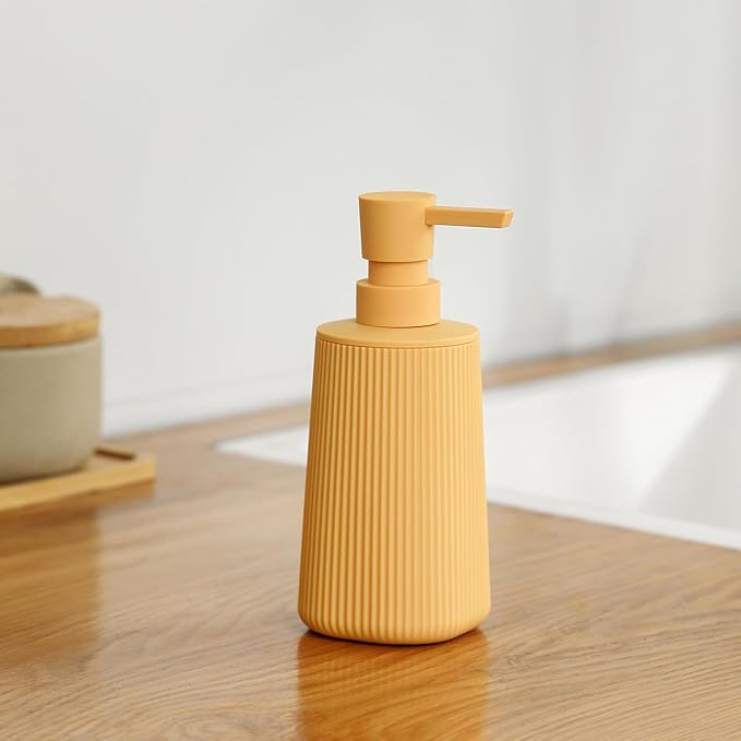 Small Soap Dispenser for Bathroom and Kitchen, Modern Farmhouse Striped Style Plastic Hand Soap Dish Soap Dispenser with Pump Matte Yellow