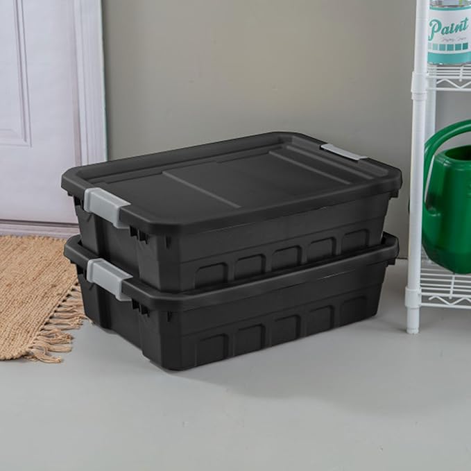 Sterilite 6-Pack 10 Gallon Stacker Tote, Rugged Plastic Storage for Home Organization, Black - Stackable Organizer Bins with Recessed Lid & Heavy-Duty Latches for Closet, Basement, Garage and Attic