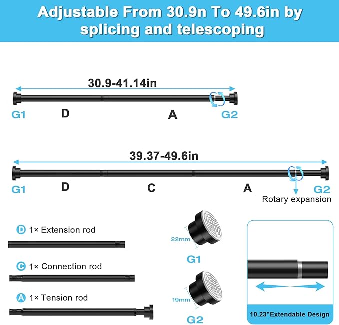 Tension Curtain Rod 30 To 49 Inch Black Tension Rods Adjustable Spring Loaded Curtain Rods 7/8" Curtains Rods No Drilling Tension Rods For Windows Bedroom Closet Doorway Door