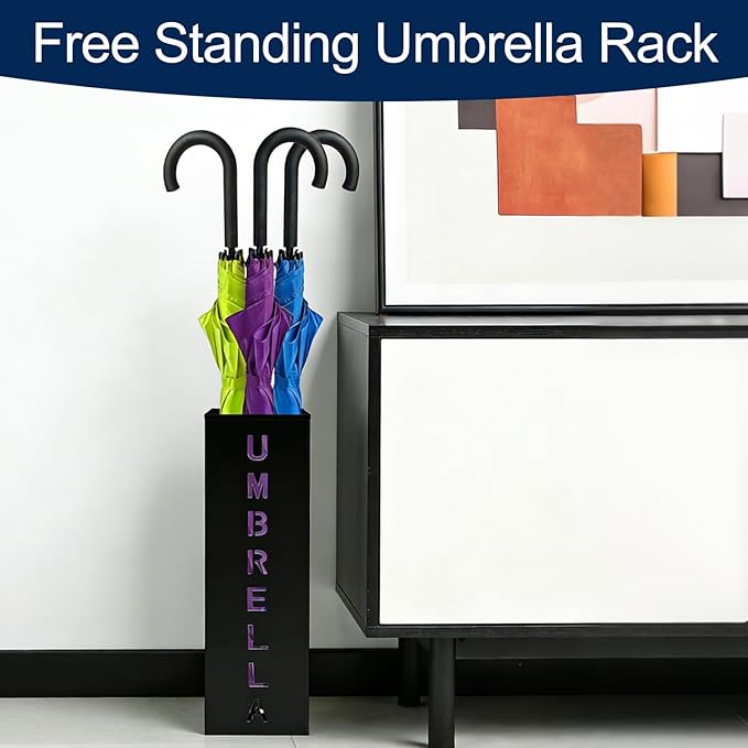 Square Metal Umbrella Canes Holder, Free Standing Umbrella Rack Stand Storage Bucket, Walking Sticks Organizer Bin for Indoor Entryway, Home, Office and Hotel, 16.3" x 6.3" x 6.3", Black