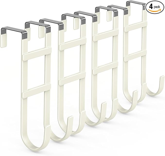 FYY Over The Door Hooks - 4 Pack Heavy Duty Double-Hanger Organizer for Bathroom Bedroom Dorm, Hanging Clothes Towels Hats Bags Ironing Board Wreath Robe - Fits Interior Doors Up to 1.6” Beige