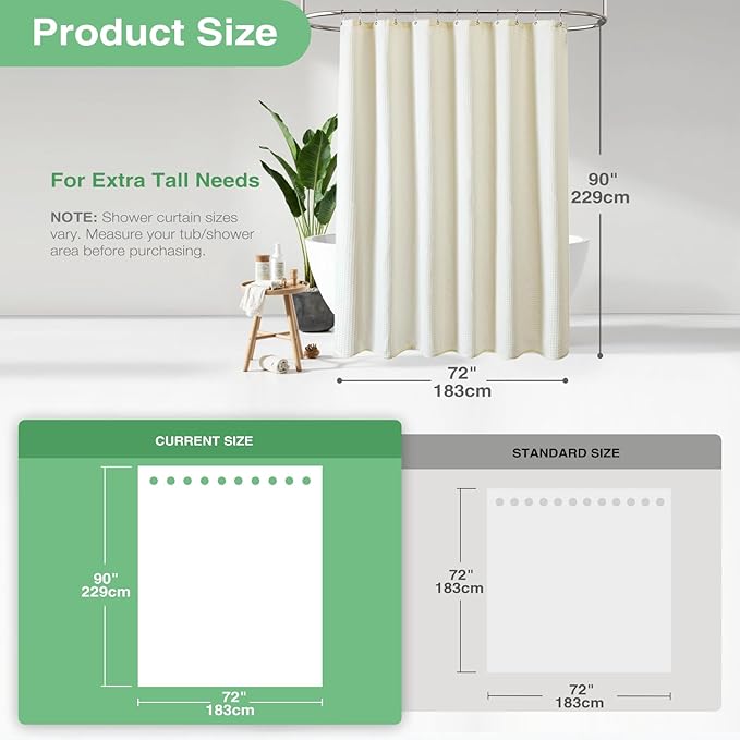 Dynamene Extra Long Shower Curtains - Waffle Fabric 90 Inches Long Heavy Duty Cloth Shower Curtains for Bathroom, 256GSM Tall Hotel Luxury Shower Curtain Set with 12 Plastic Hook, 72x90, Cream/Ivory