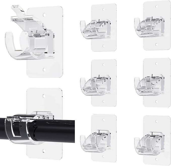 Wabboreq 8PCS No Drill Curtain Rod Brackets, Self-Adhesive, Universal, Plastic & Stainless Steel, Wall Mount, Transparent
