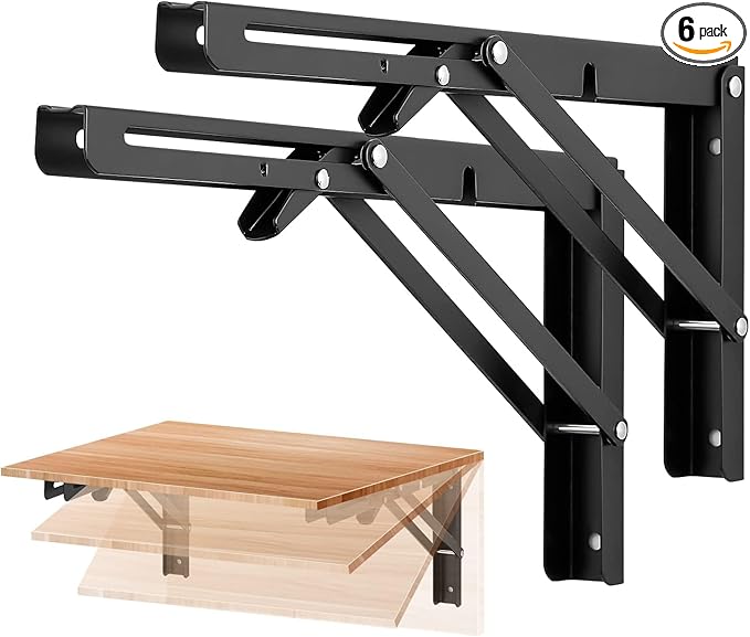 Ravinte 6 Pack 12 Inch Folding Shelf Brackets – Matte Black, Heavy Duty Collapsible Brackets for Tables and Benches – Space-Saving Design