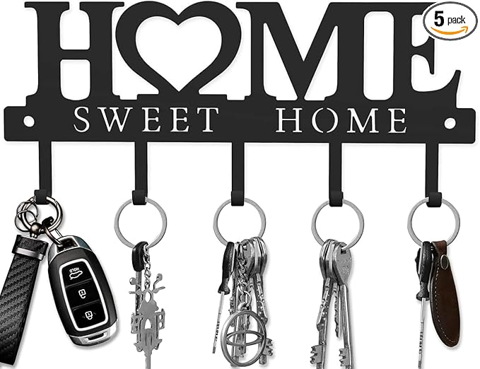 Key Holder Hooks Organizer Hanger Rack Wall Mounted Sweet Home Metal Decor Stylish and Practical for Entryway Front Door Kitchen Hallway Garage Mudroom Office Hardward Included Black (Sweet 13 inches)
